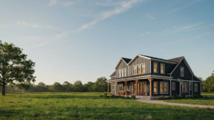 A modern farmhouse with a large loft area and many windows in a green field.