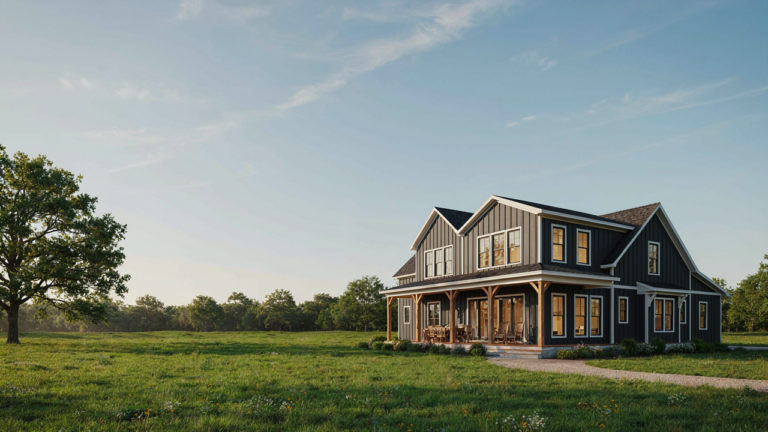 A modern farmhouse with a large loft area and many windows in a green field.