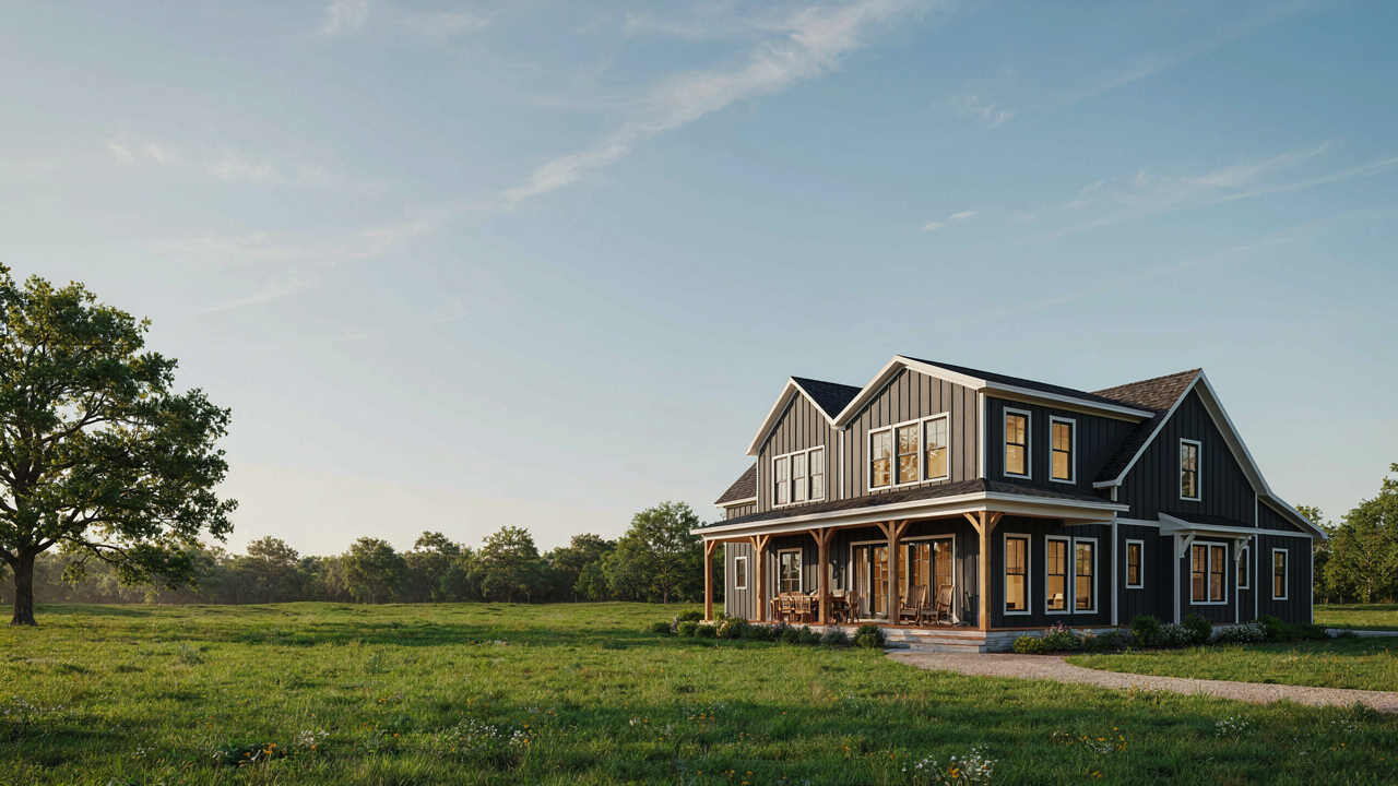 A modern farmhouse with a large loft area and many windows in a green field.