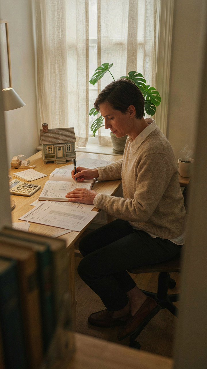 A person reviews financial documents with a backyard cottage model nearby.