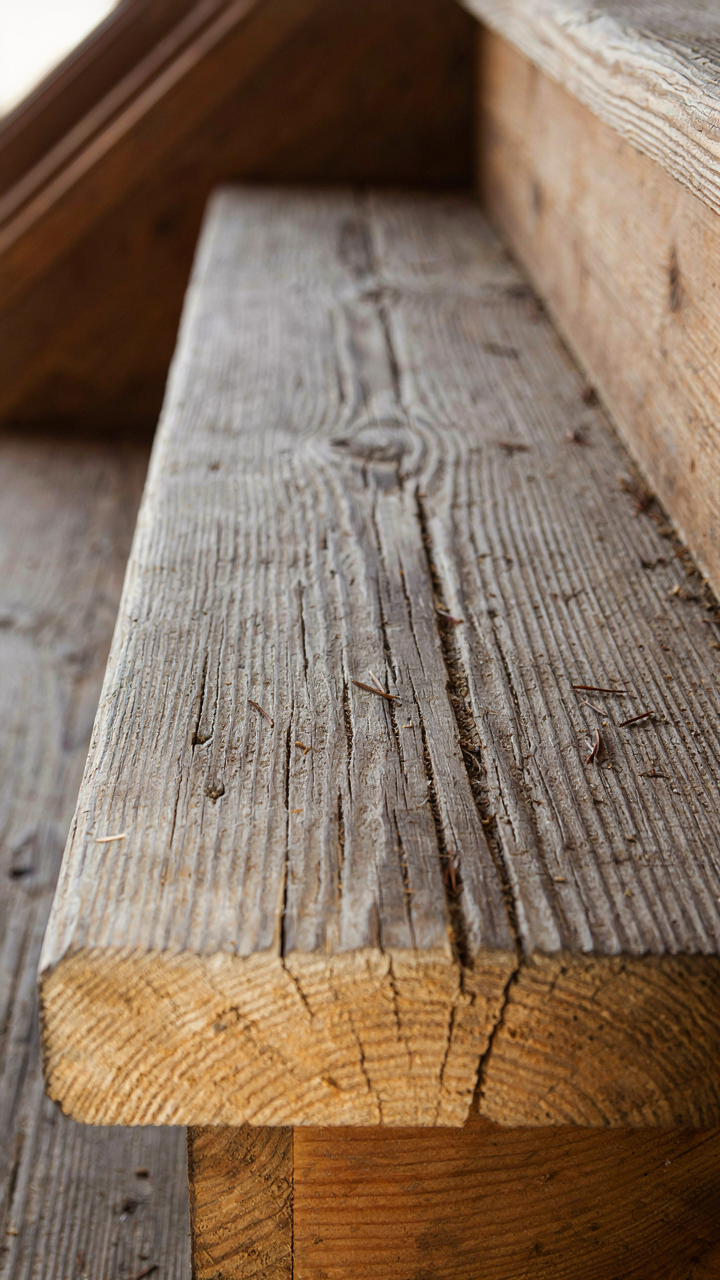 A weathered Douglas fir stair tread showing natural aging and foot traffic.