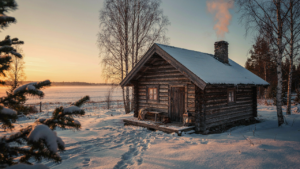 A warm Finnish log cabin sits in a snowy landscape with smoke rising from its chimney.