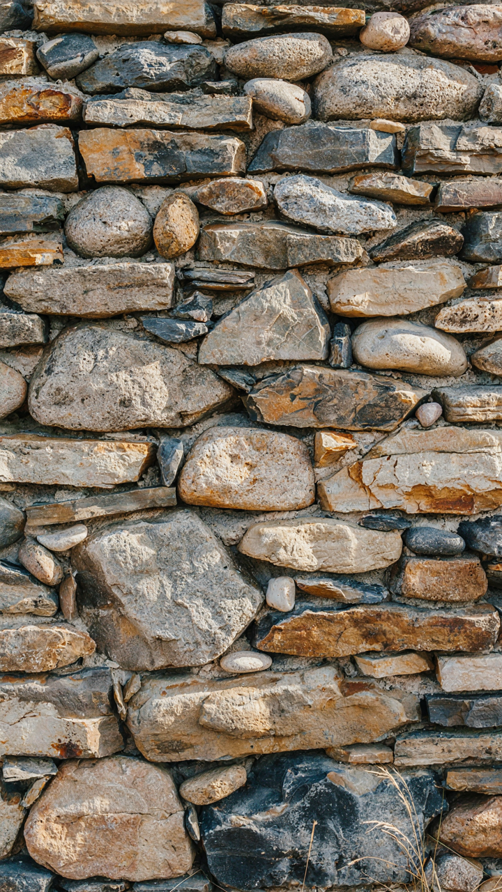 A close-up of a stone wall showing varied, natural river rock textures and colors.