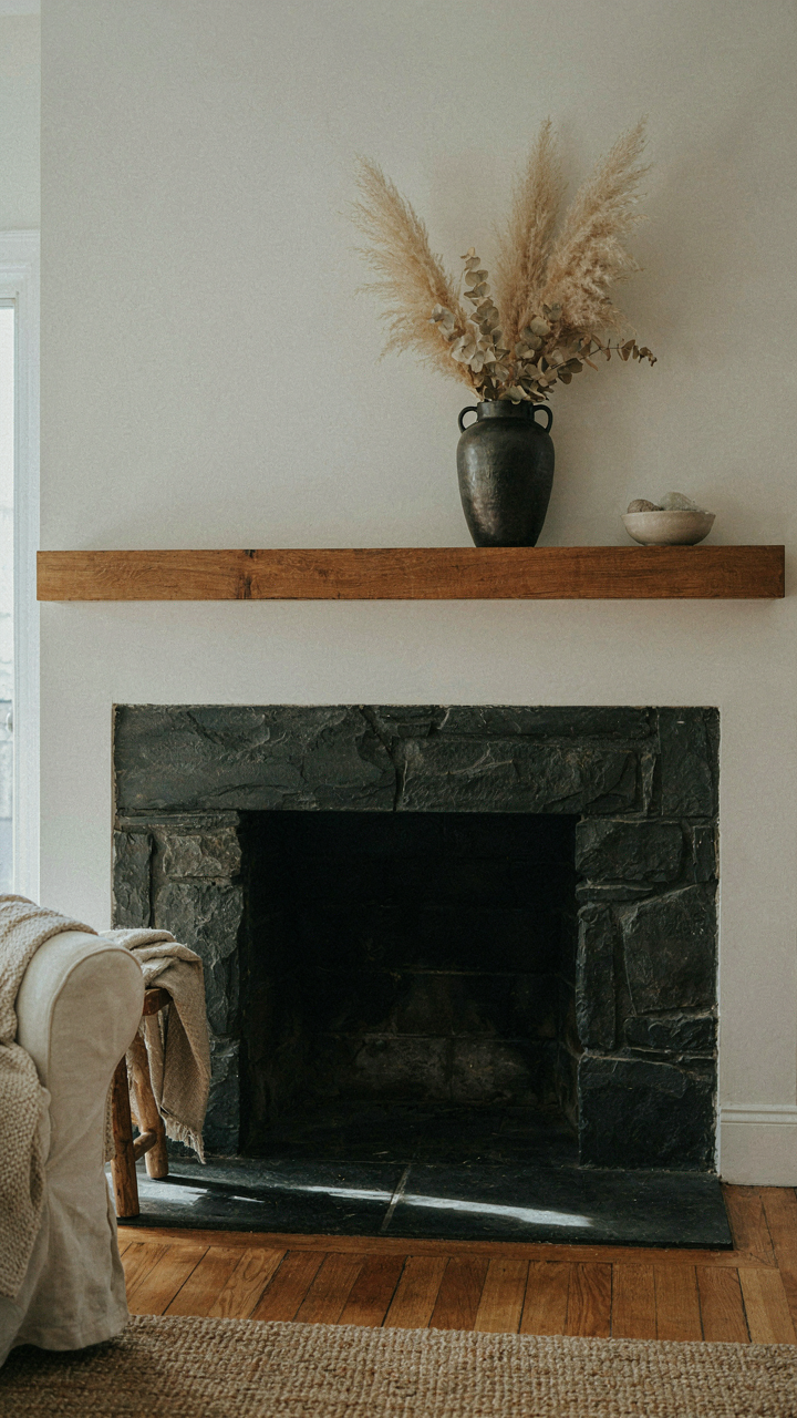 A living room with a dark slate hearth and a wooden mantel holding a large metal vase.