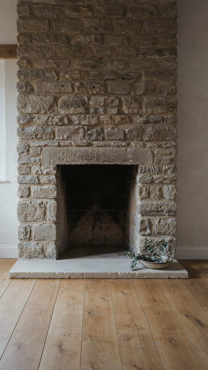 An unadorned stone fireplace with a clean hearth and empty floor space.