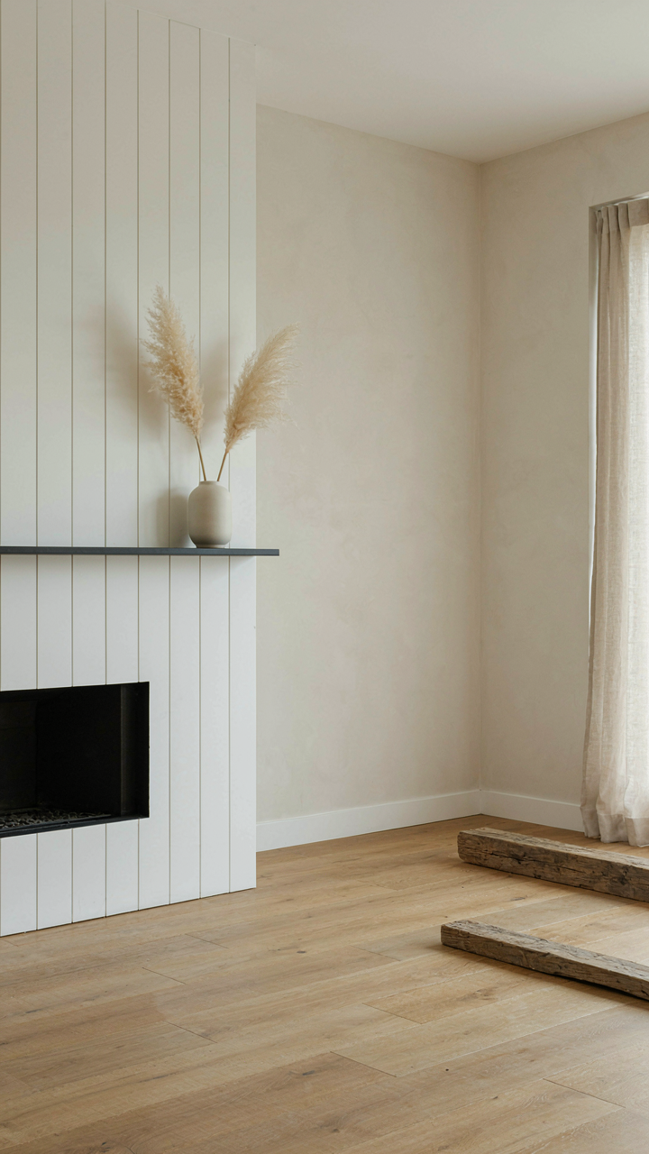 A shiplap fireplace with a steel mantel, beside a wood beam.