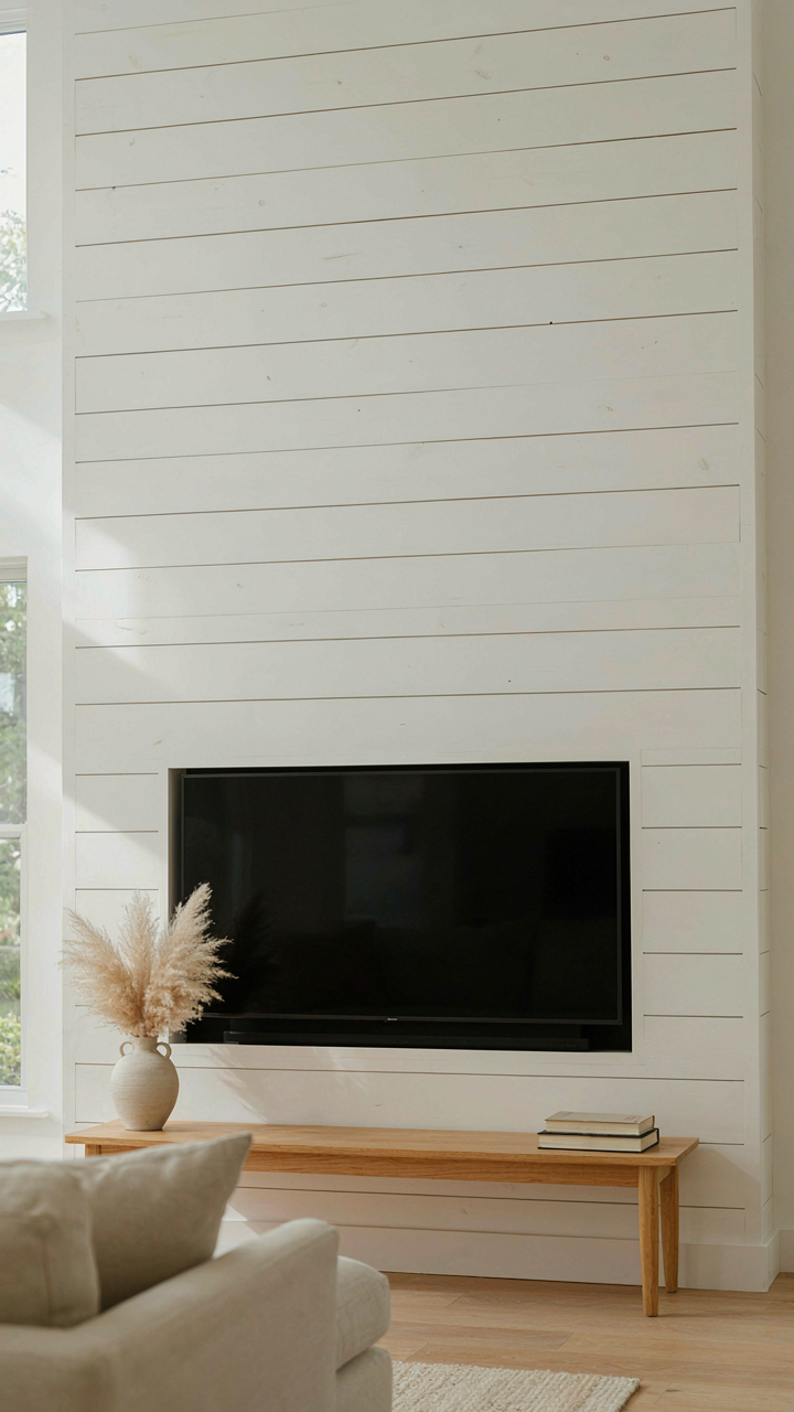A shiplap fireplace wall with a television hidden by a frame.