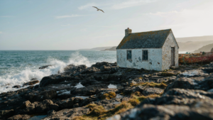 Weathered fisherman cottage on a rocky coast, showing peeling paint and a mossy roof.