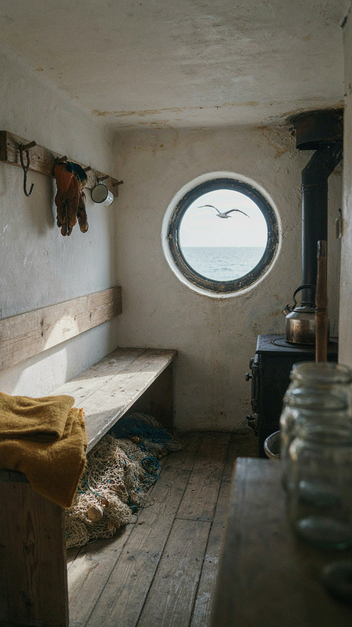 Interior of a small fisherman cottage, with a built-in bench and fishing nets stored below.