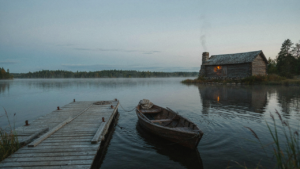 A rustic fishing cabin sits by a calm lake at dawn with a small dock and boat.