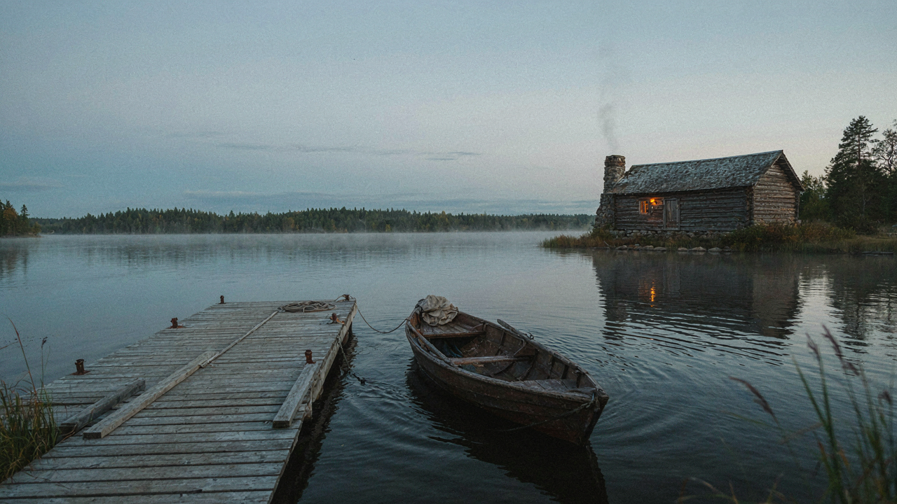 A rustic fishing cabin sits by a calm lake at dawn with a small dock and boat.