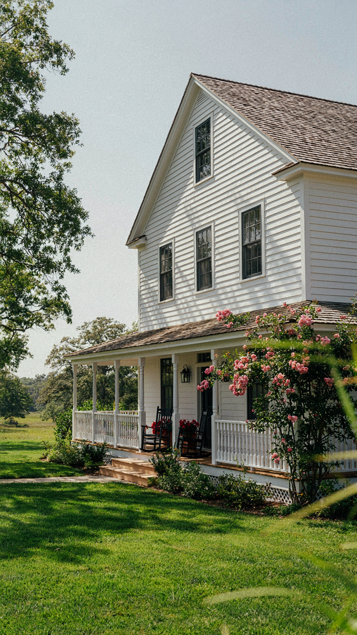 A freshly painted white farmhouse with dark trim and a restored porch.