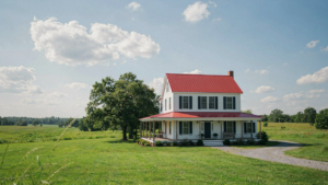 A classic white farmhouse with a red roof sits peacefully in a green, open field.