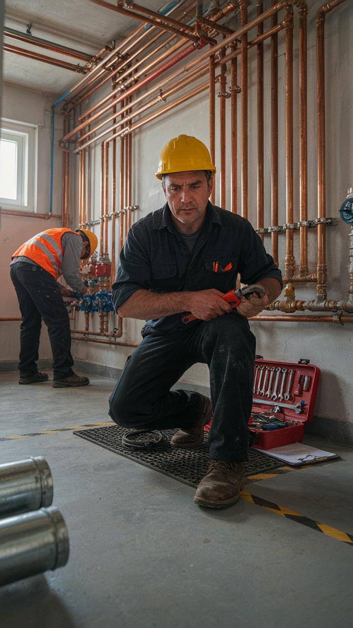 A plumber works on a complex network of pipes in a mechanical room.