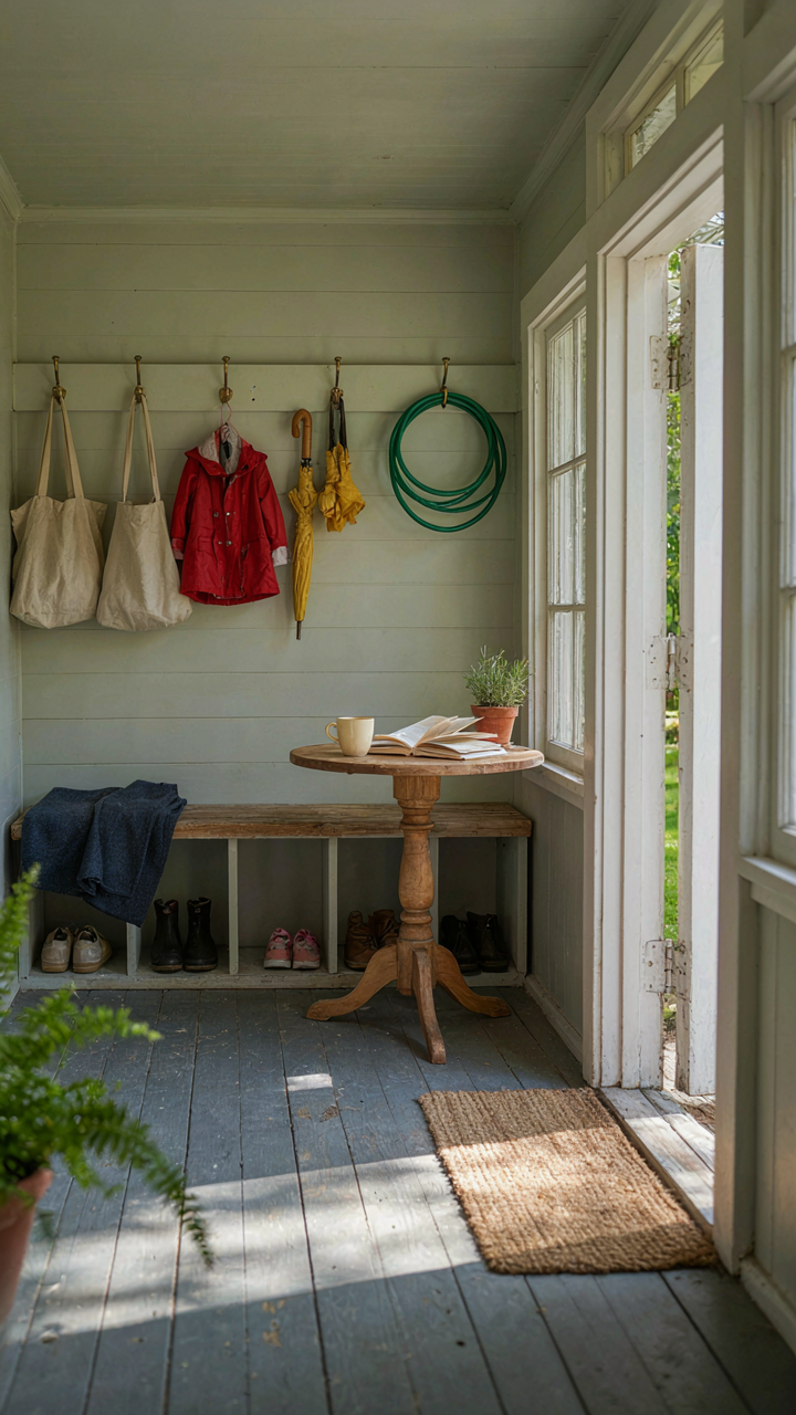 A small house porch used as a mudroom, seating area, and entry buffer.
