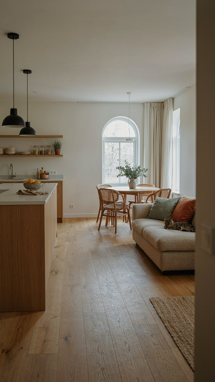 A modern, open-concept kitchen, dining, and living area in a small cottage.