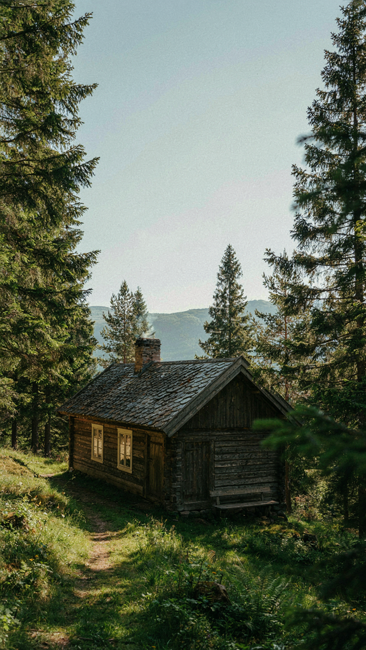 A weathered Norwegian cabin blending into a gentle, forested slope.