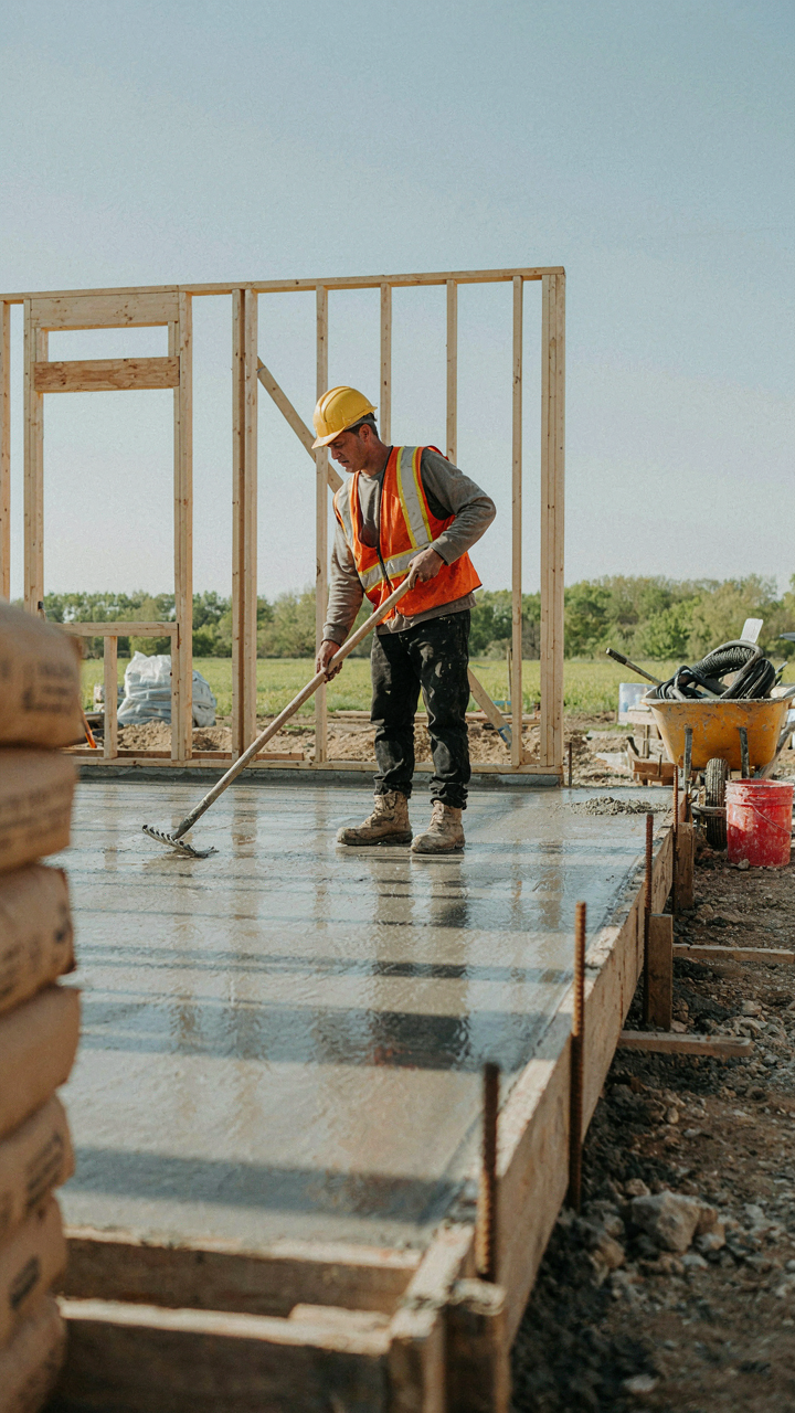 A concrete slab foundation being carefully leveled by a worker.