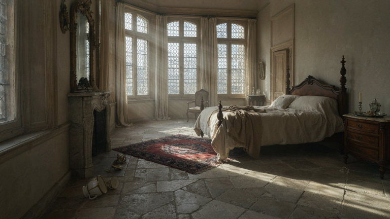 A beautiful French chateau bedroom with natural light and stone floor.