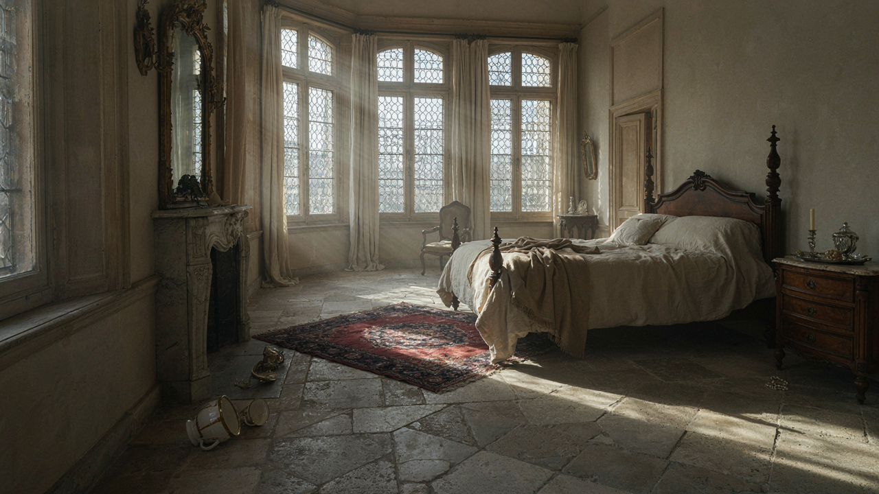A beautiful French chateau bedroom with natural light and stone floor.