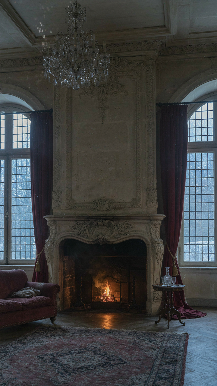 A tiny fire flickers in a huge, ornate chateau fireplace.