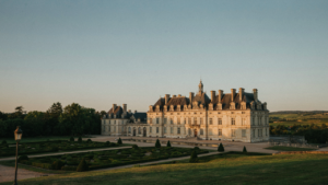 A majestic French chateau stands silhouetted against a golden sunset.