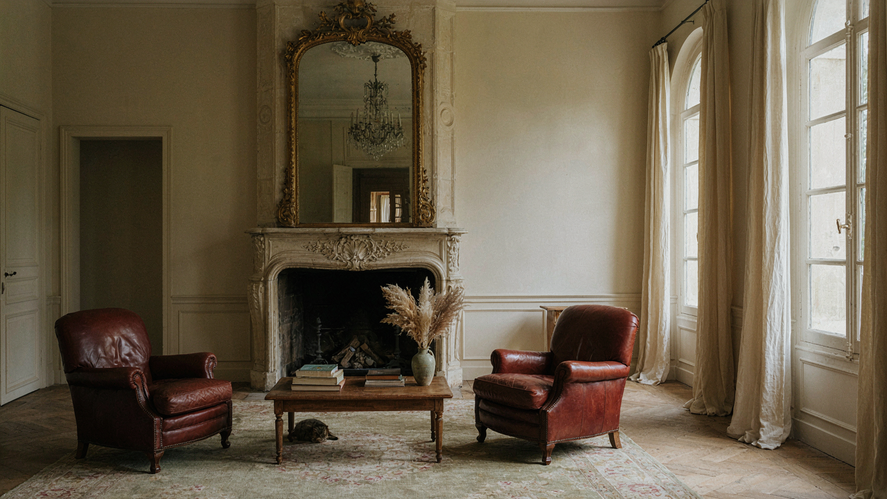 A grand French chateau living room with aged furnishings and elegant decor.