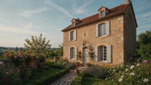A rustic French cottage with stone walls and a tiled roof, nestled in a vibrant garden.