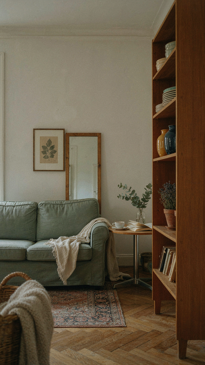 A small French country apartment living room maximizing vertical space with shelves.