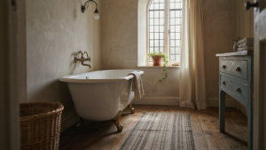 A rustic French country bathroom with an antique tub and wooden furniture.