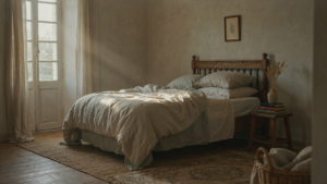 A serene french country bedroom featuring layered linens and aged wooden furniture bathed in