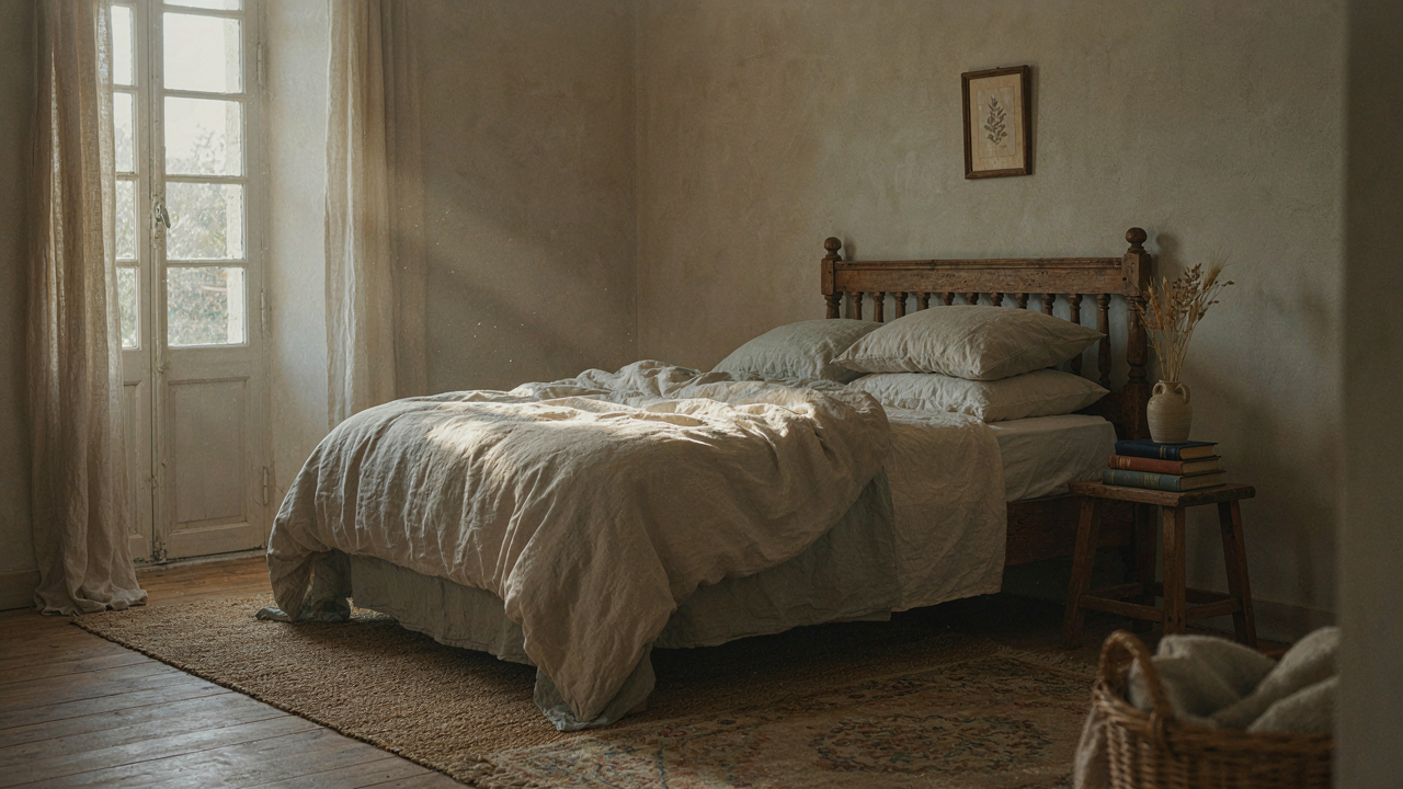 A serene french country bedroom featuring layered linens and aged wooden furniture bathed in