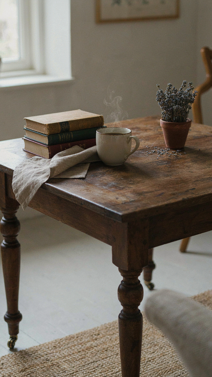 A solid, well-used French country coffee table with visible wear and tear.