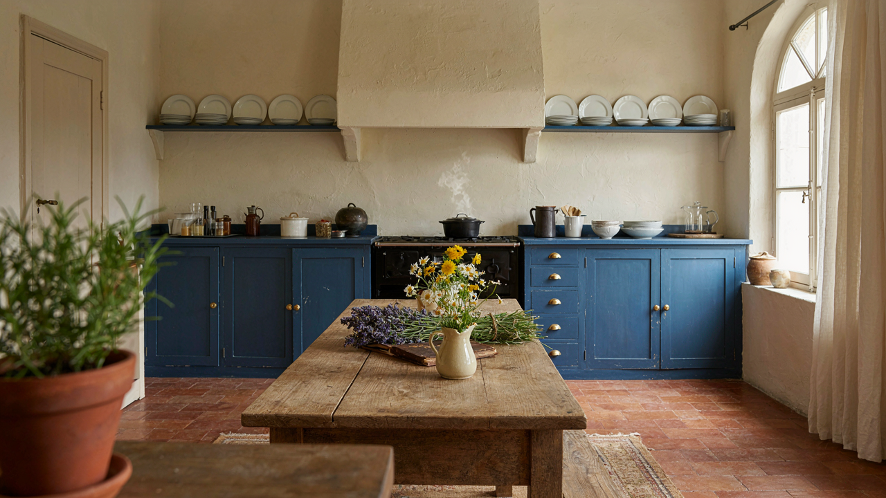 A French country kitchen with blue cabinets, cream walls, and terracotta tile floor.