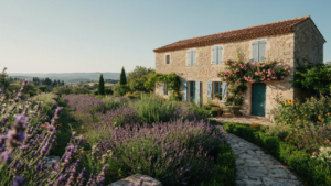 A charming French country cottage with stone walls and a red tile roof surrounded by a lavender