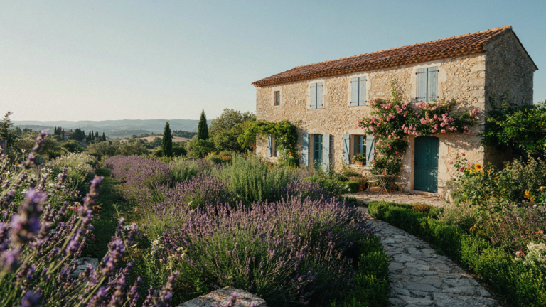 A charming French country cottage with stone walls and a red tile roof surrounded by a lavender