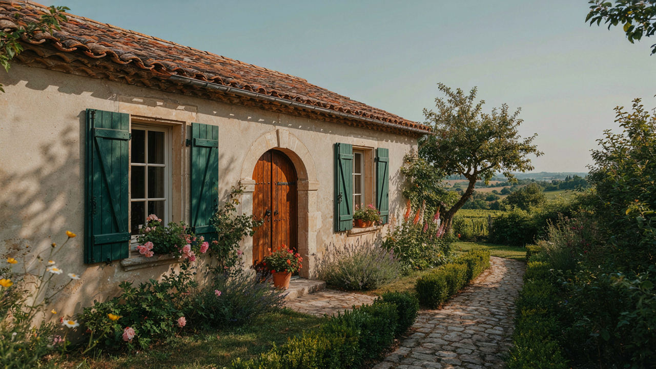 A charming French country cottage with a steep, curved tile roof and stone facade.