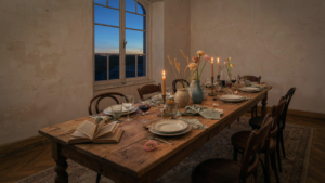 A warm french country dining room with a large wooden table set with glowing candles.