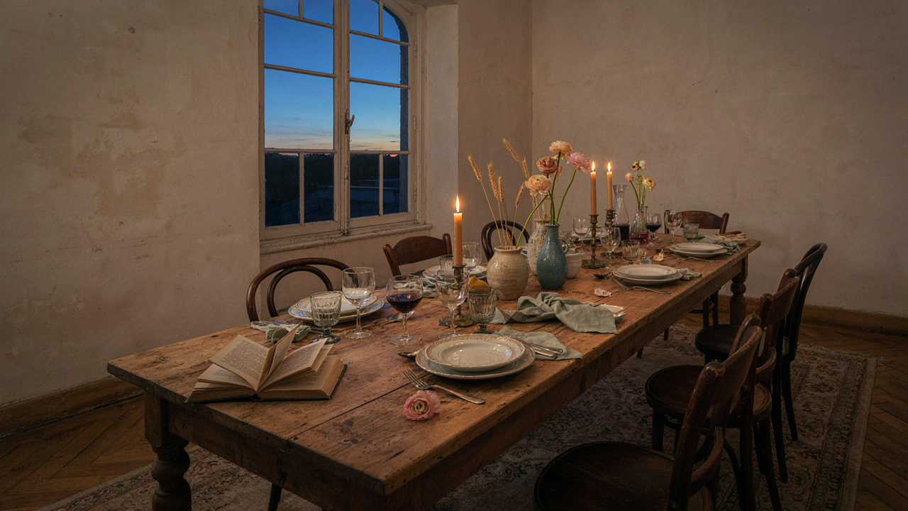 A warm french country dining room with a large wooden table set with glowing candles.