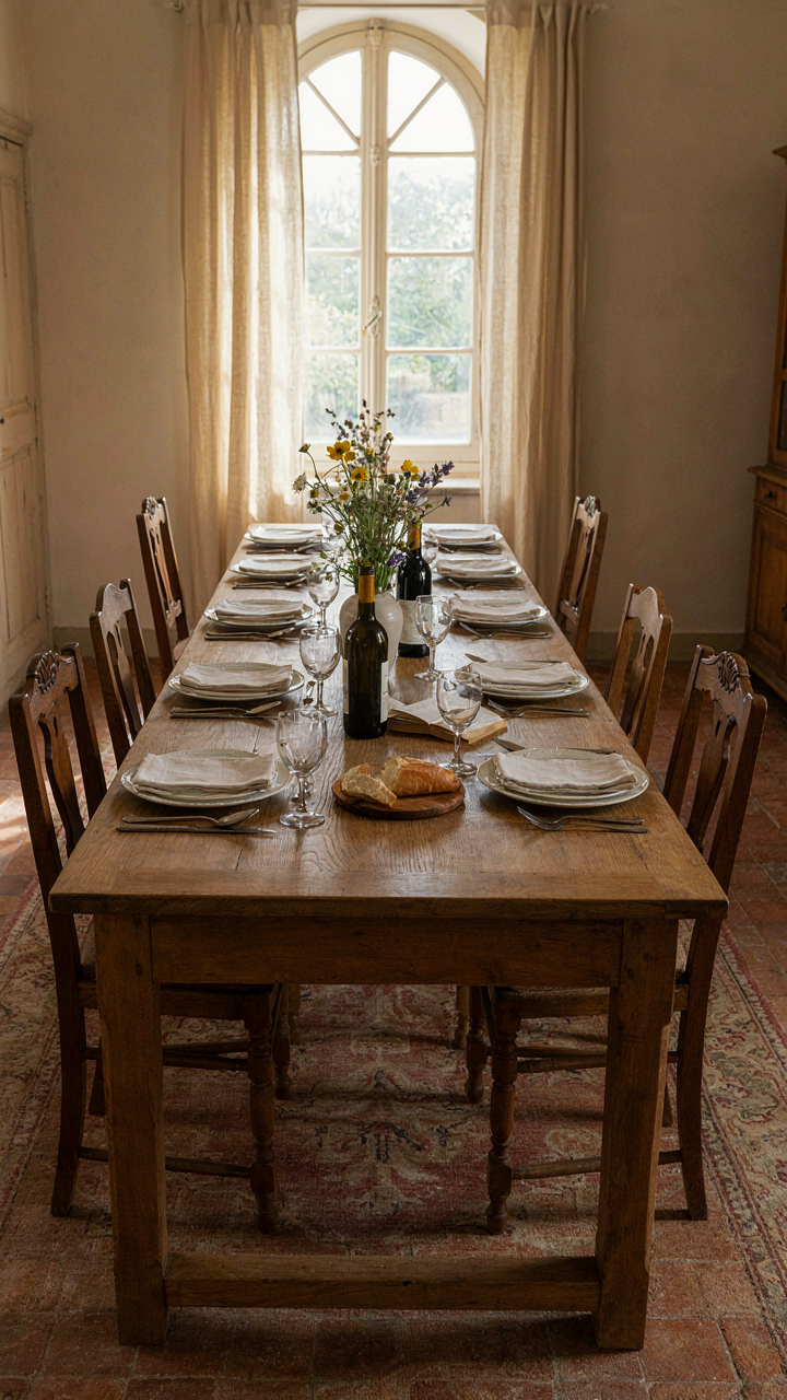A robust French country dining table made of thick wood, ready for a meal.