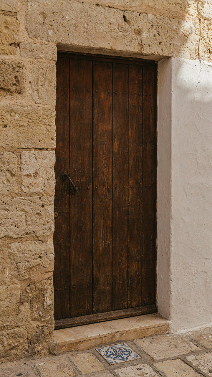 A stone wall meets whitewash with an old iron handle on a wooden door in an entryway.