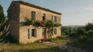 A rustic French country exterior of a stone house with old wooden shutters and a tiled roof.