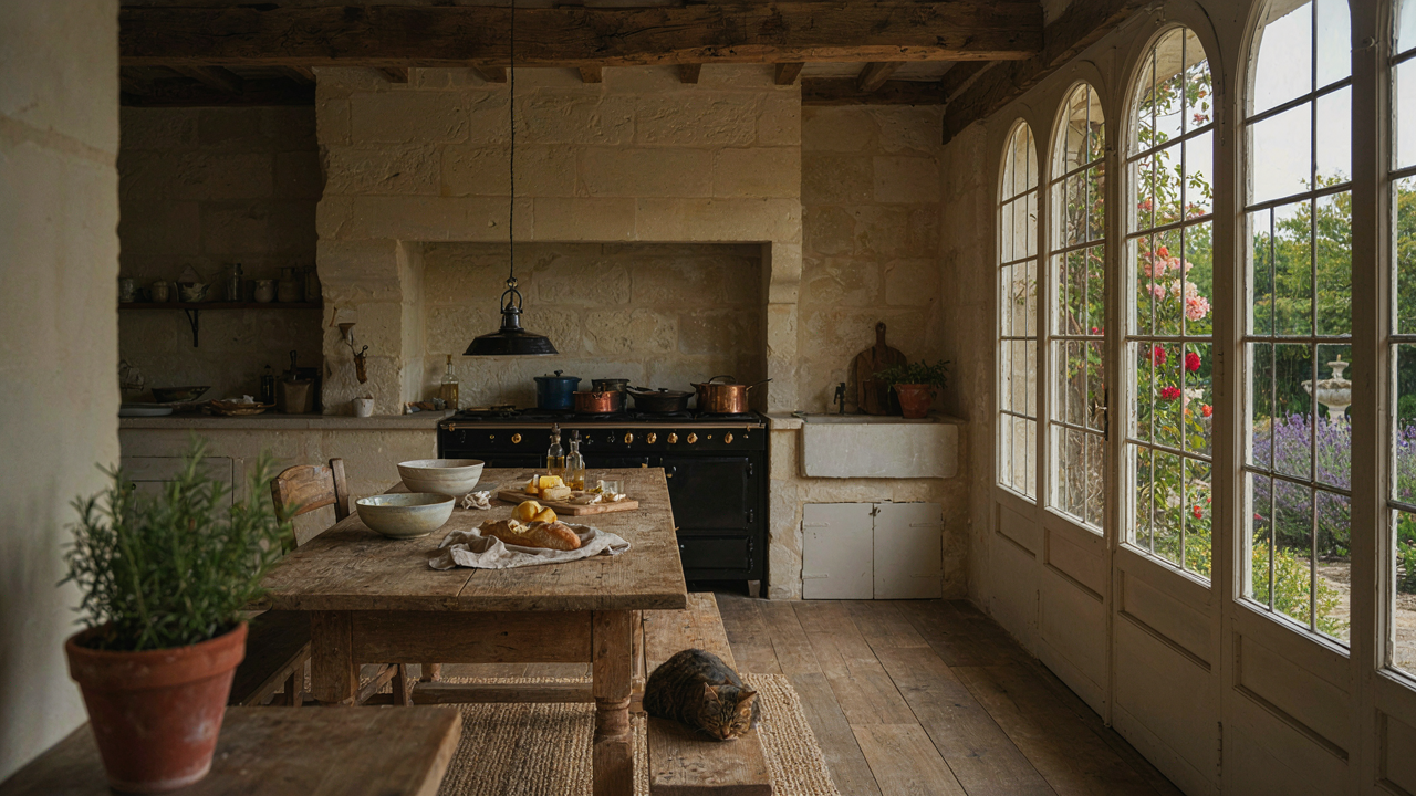 A rustic yet elegant French country farmhouse kitchen with a long wooden table.