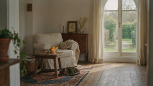 A sunlit French country living room with collected furniture and a warm atmosphere.