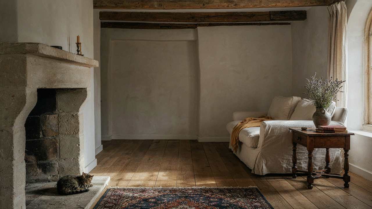 A rustic French country living room with a stone fireplace and warm sunlight.