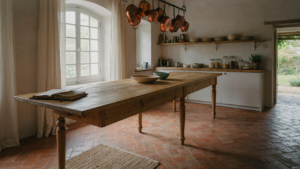 A rustic French country kitchen with a large wooden island and hanging copper pots.
