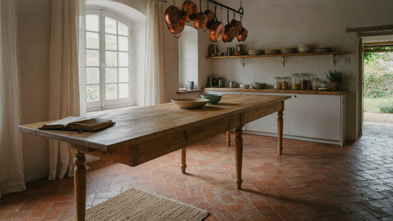 A rustic French country kitchen with a large wooden island and hanging copper pots.