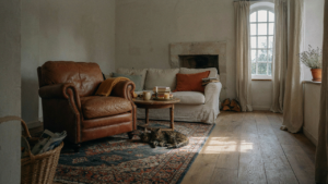 A warm French country living room with a worn leather armchair and a linen sofa.