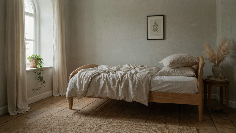 A tranquil french provincial bedroom showcases a bed with a gracefully curved headboard.
