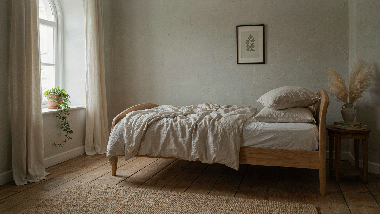 A tranquil french provincial bedroom showcases a bed with a gracefully curved headboard.